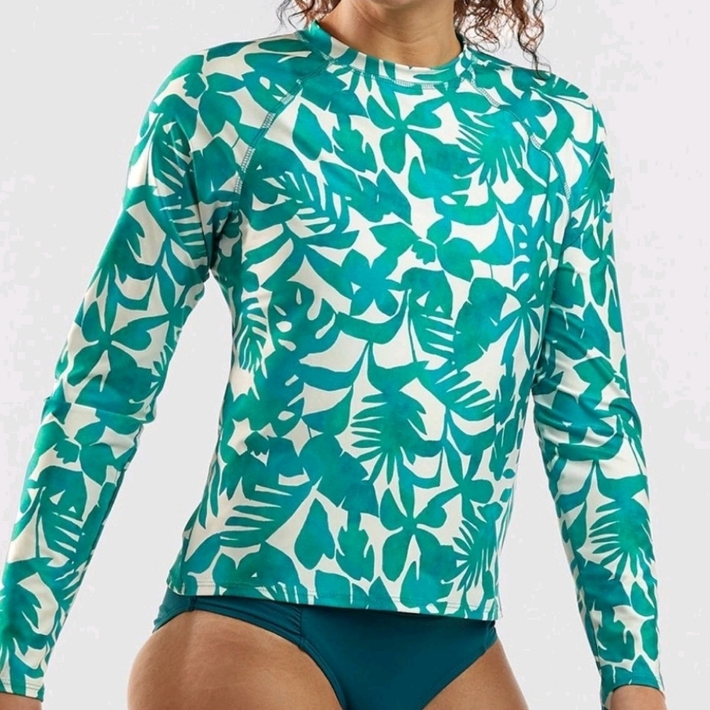 Title Nine Teal Leaf Print Swim Top
